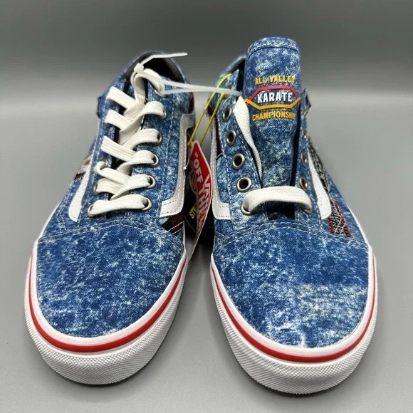 Vans Blue Denim-Effect Low-Top Sneakers with Red Trim - Picture 2 of 3